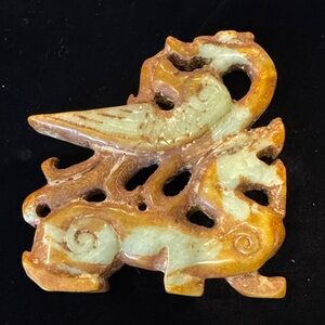 Vintage Hard Stone Double Dragon and Mythical Bird (Fenghuang) Carving